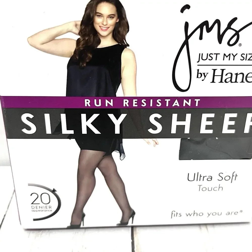 Just My Size Hanes Silky Sheer Run Resistant Control Top Pantyhose 1X/2X (2) Blk